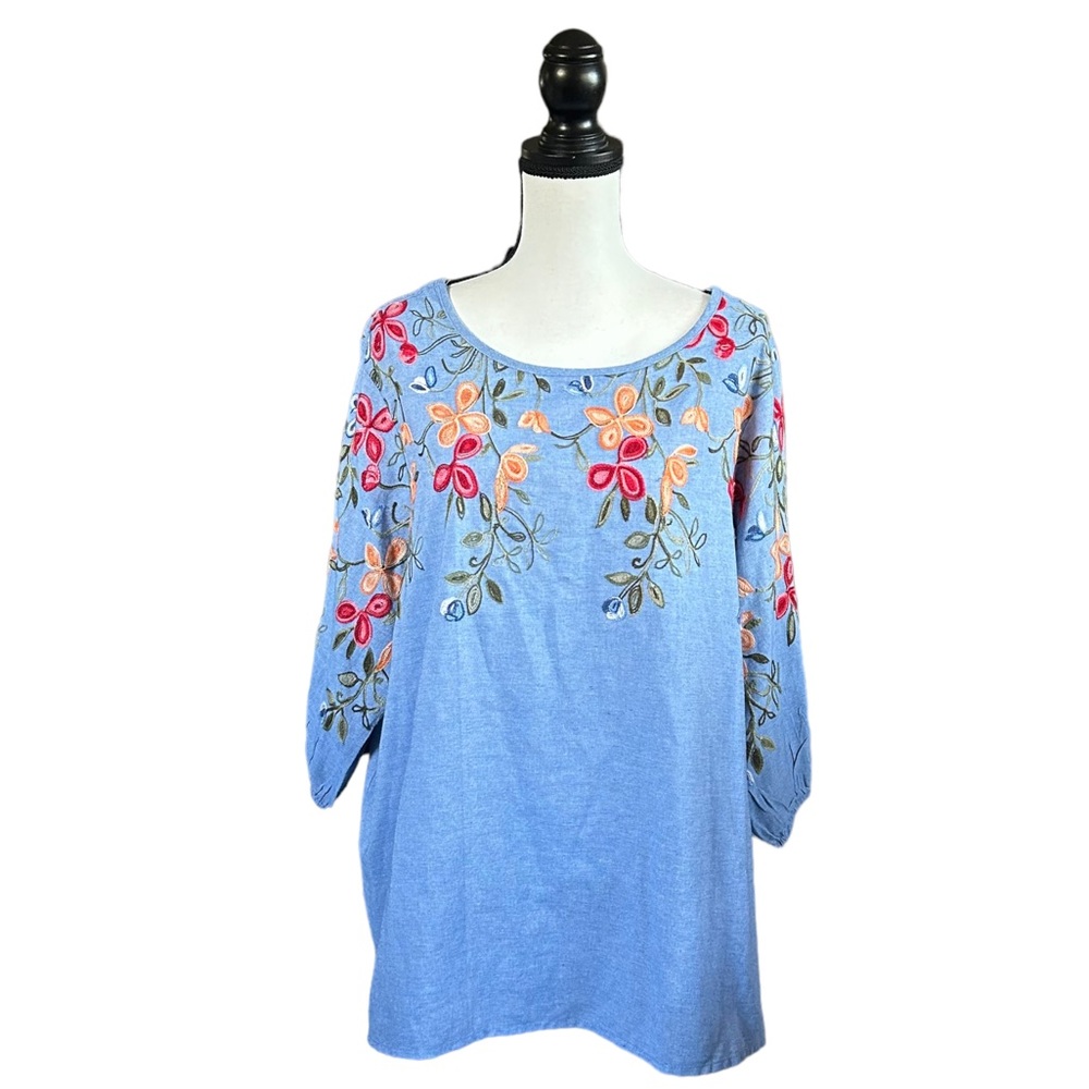 Kindred Blue Chambray Colorful Floral Embroidered Peasant Blouse Boho Chic 2X